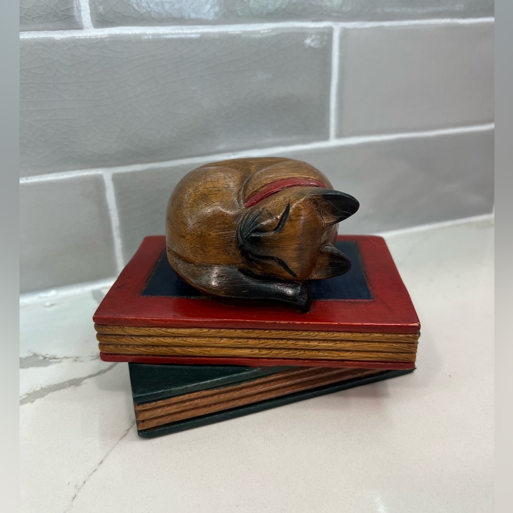 Vintage Carved Wooden Sleeping Cat on Books Paperweight or Desk Bookend